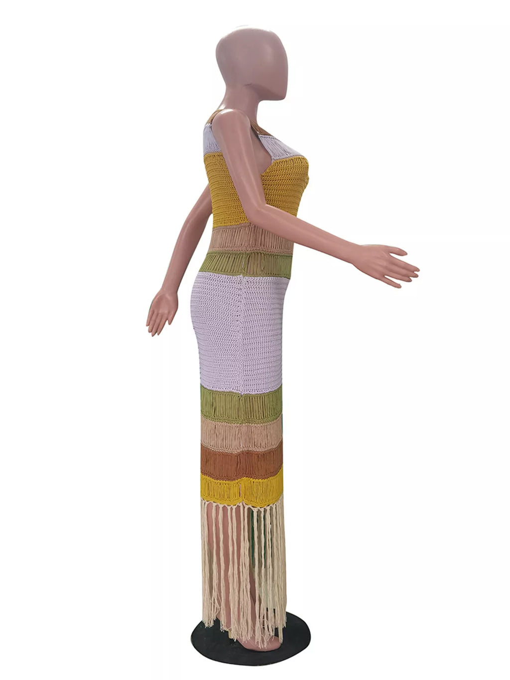 Fringe Crochet Knit Color Block Maxi Dress