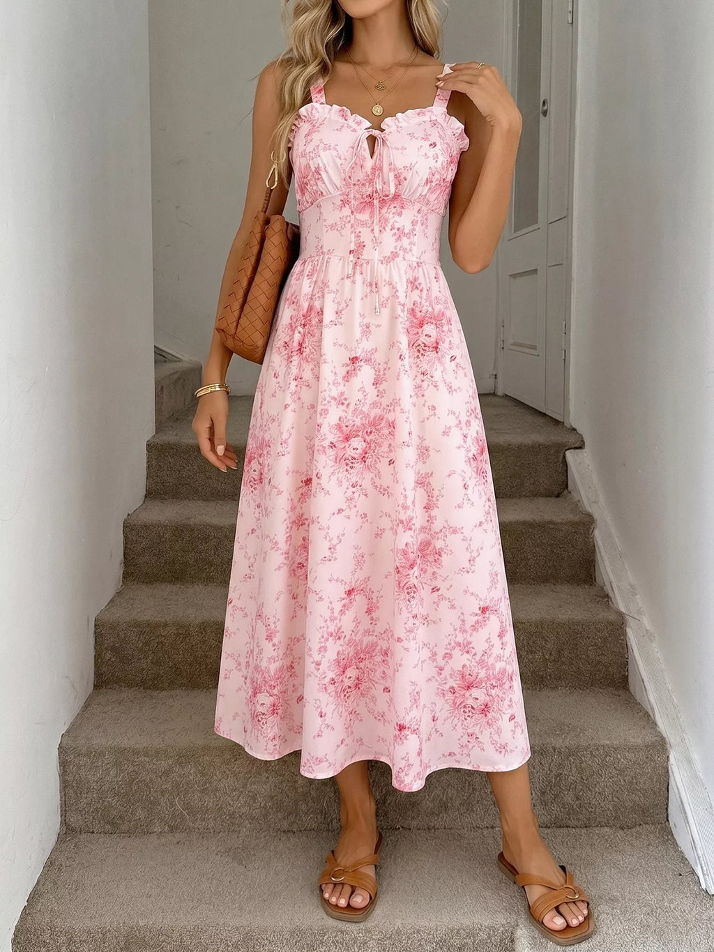 Floral Print Frill Trim Cami Dress
