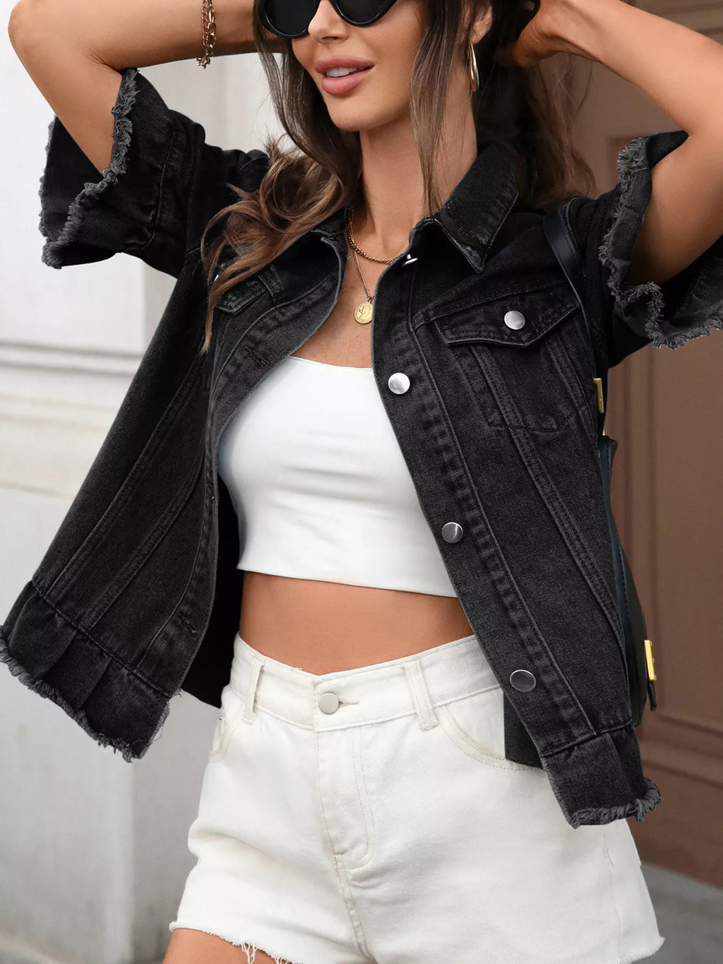 Raw Hem Button Up Denim Jacket