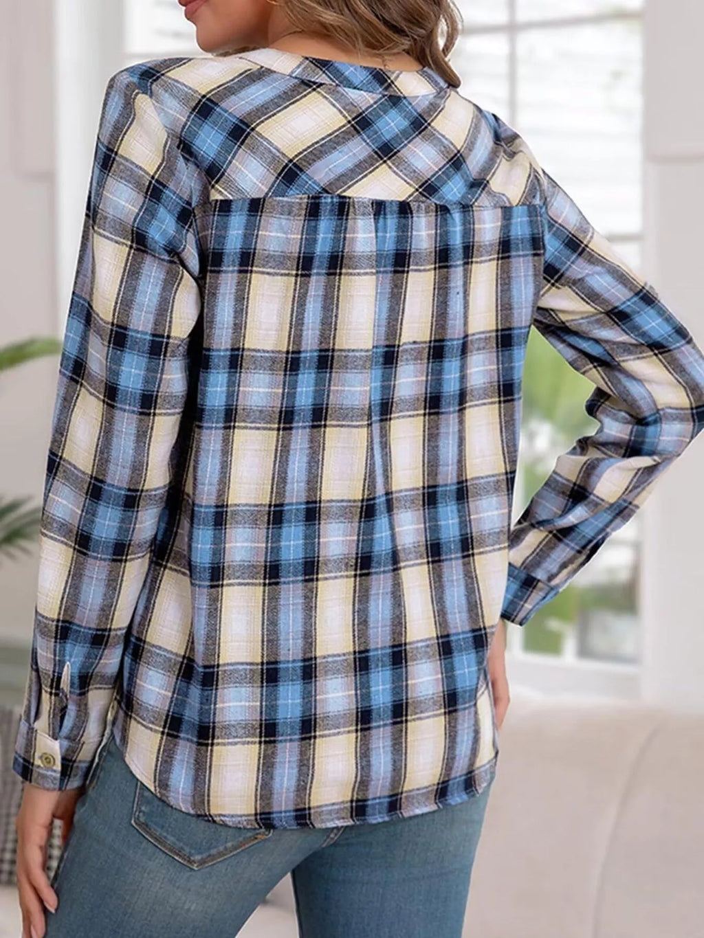 Plaid Half Button Long Sleeve Blouse