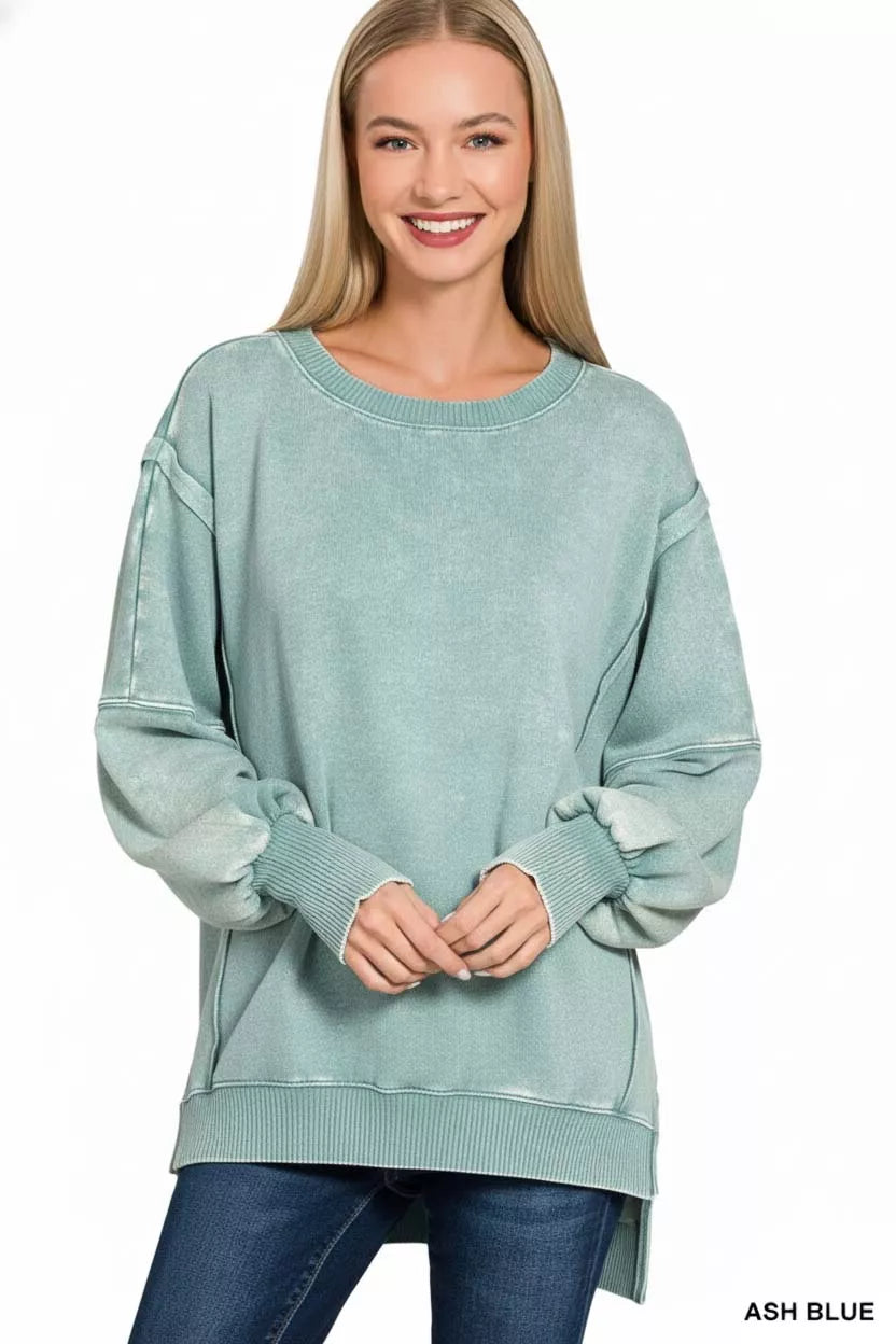 Zenana Acid Washed Batwing Sleeve Fleece Sweatshirt