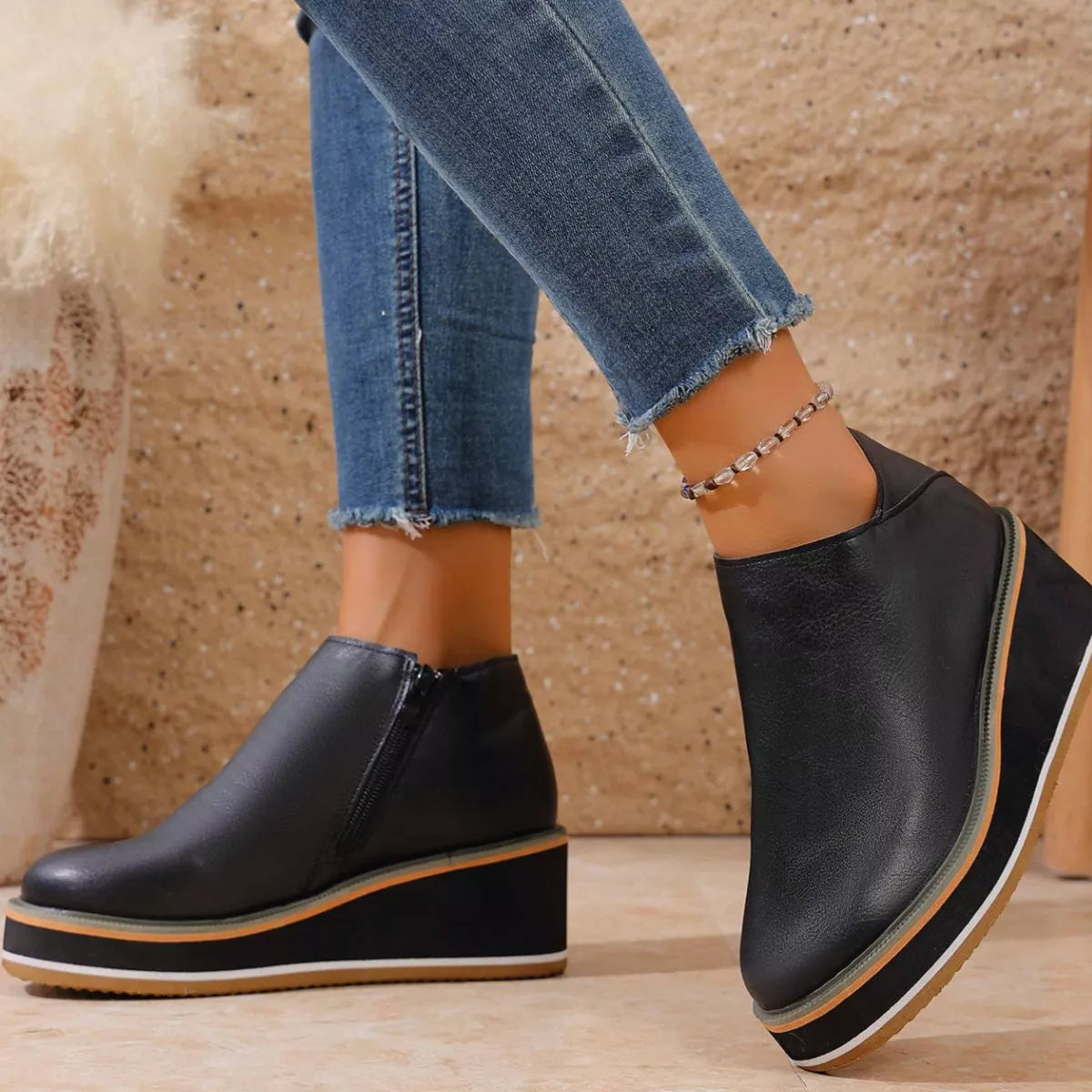 Round Toe Wedge Ankle Boots