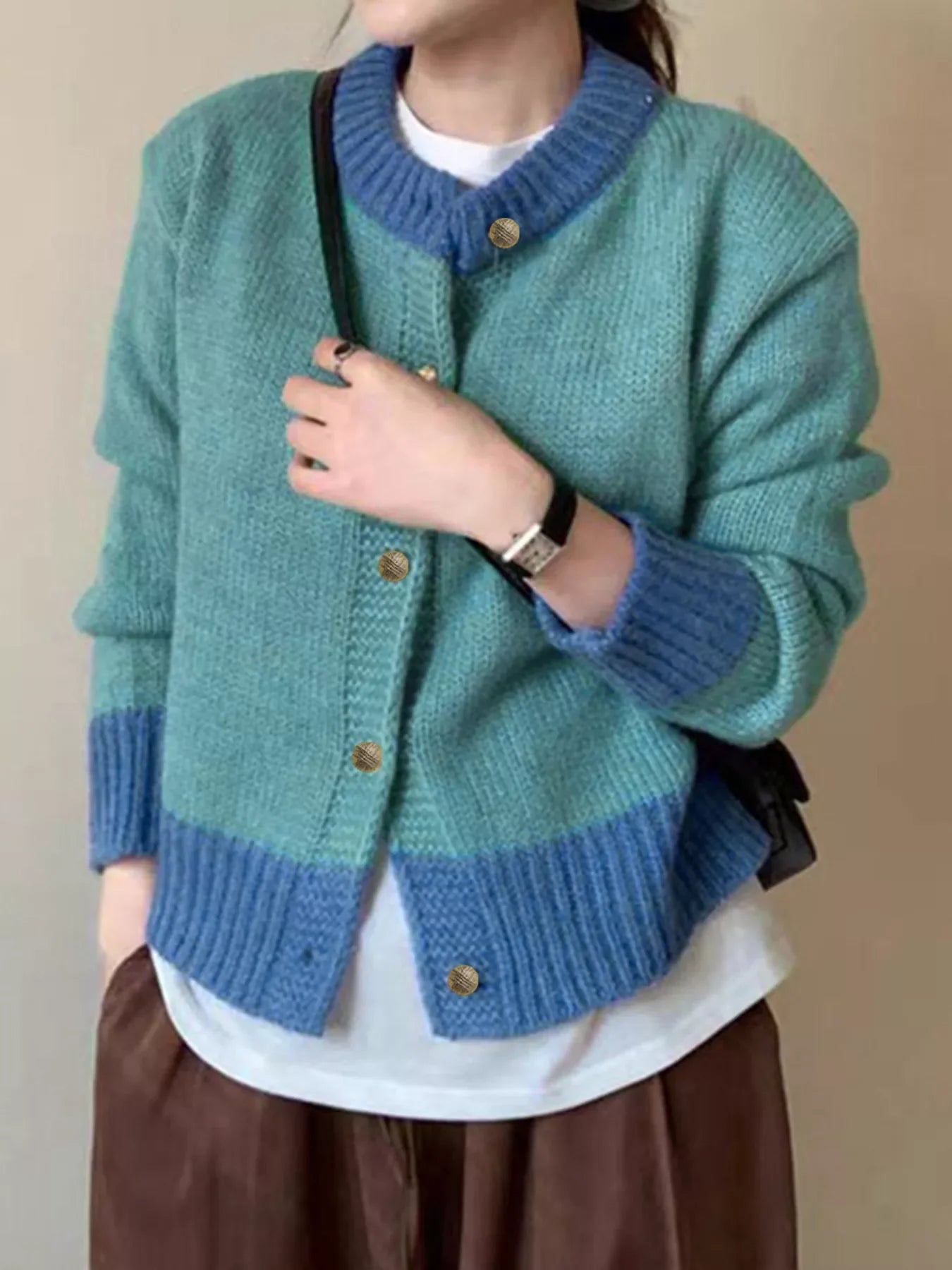 Color Block Button Up Cardigan