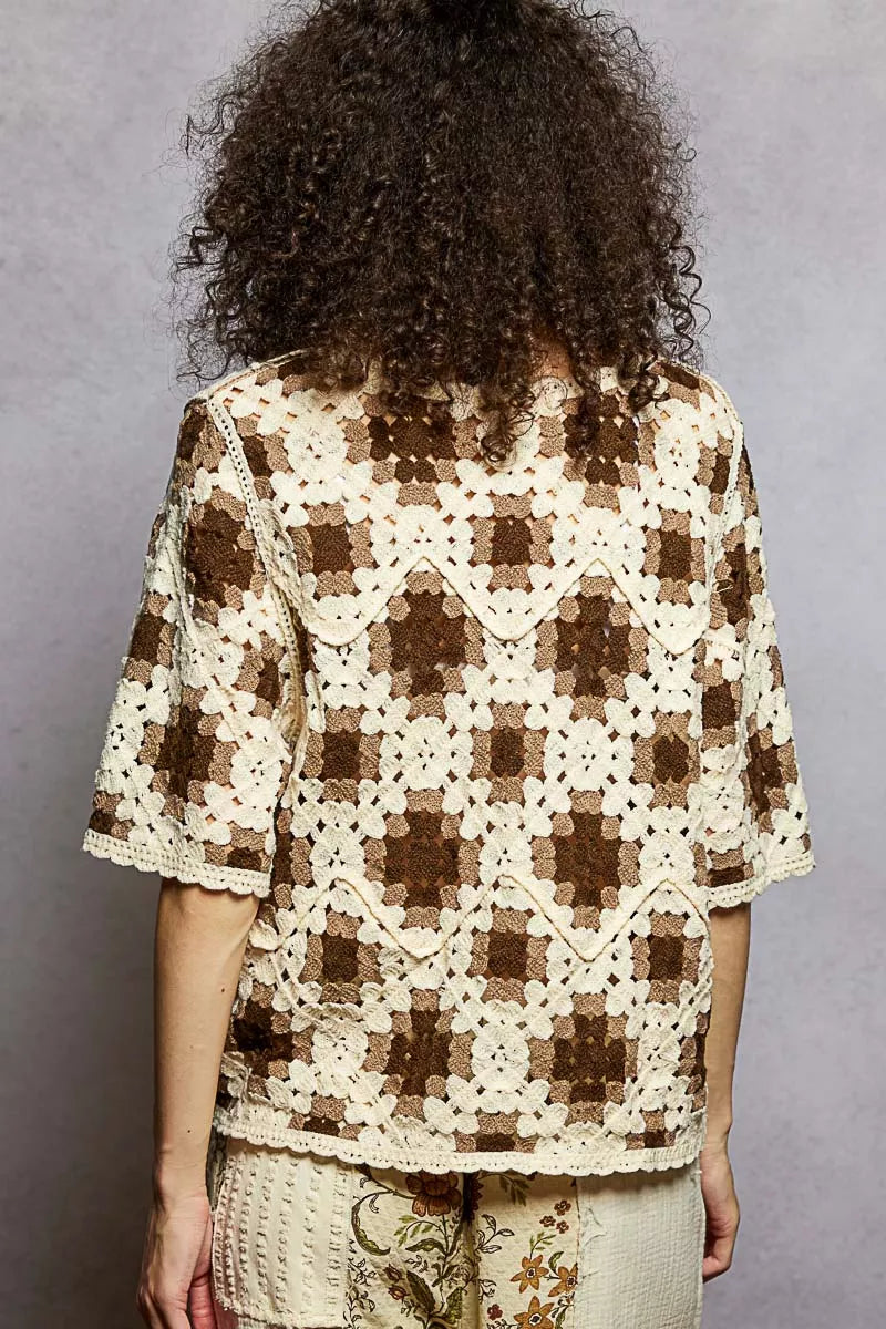 POL Round Neck Short Sleeve Color Pattern Crochet Top with Border Accents