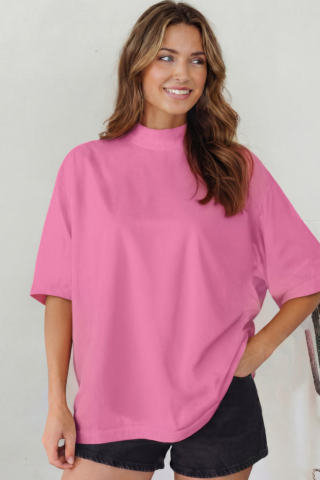 Dark Blue Solid Color High Neck Oversize Tee