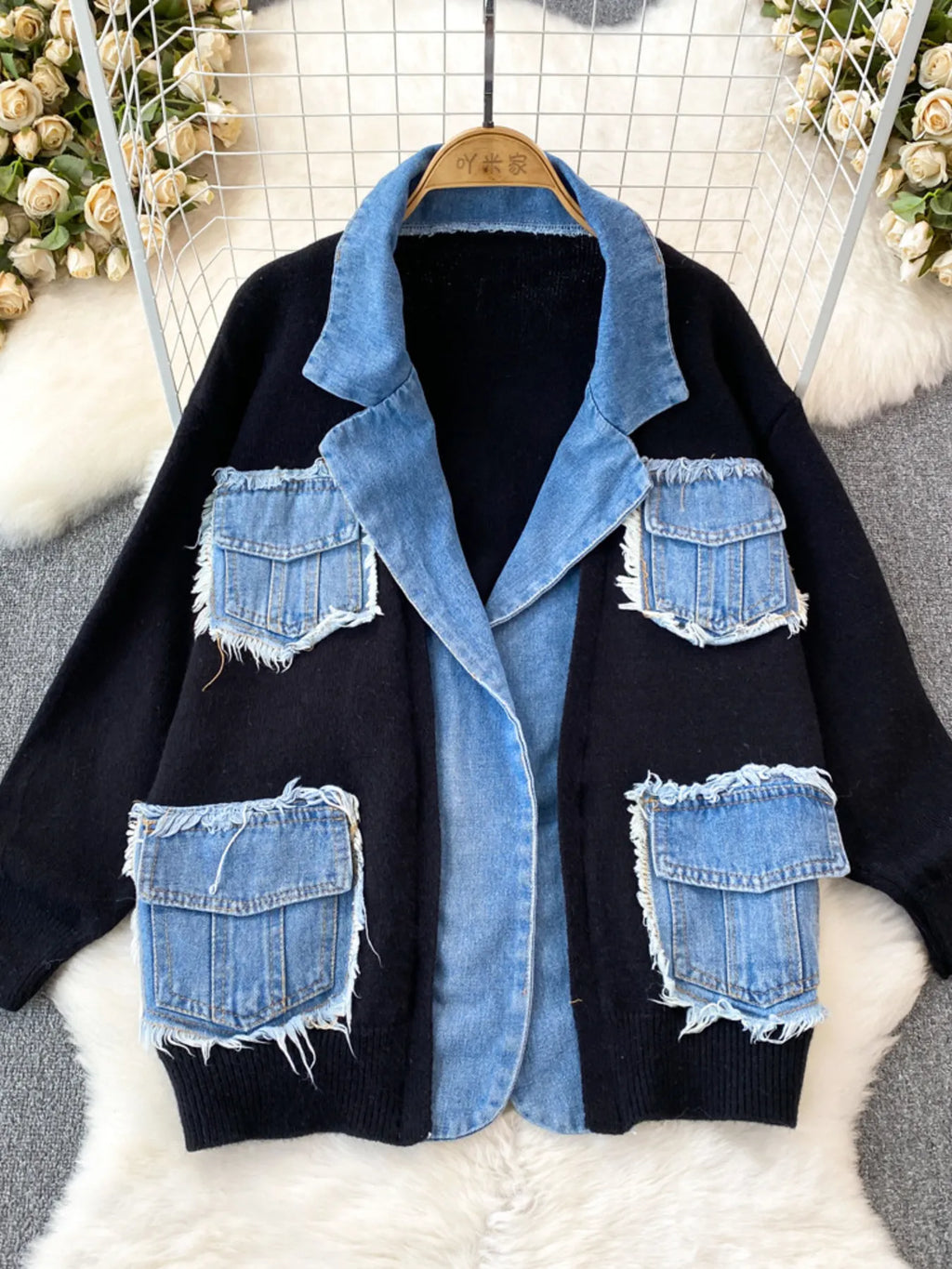 Raw Hem Denim Pocket Patchwork Cardigan