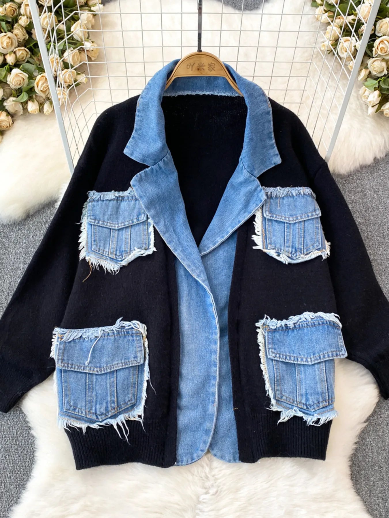 Raw Hem Denim Pocket Patchwork Cardigan