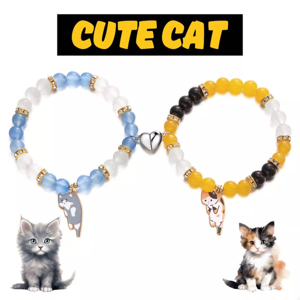 2 Piece Beaded Cat Charm Bracelet