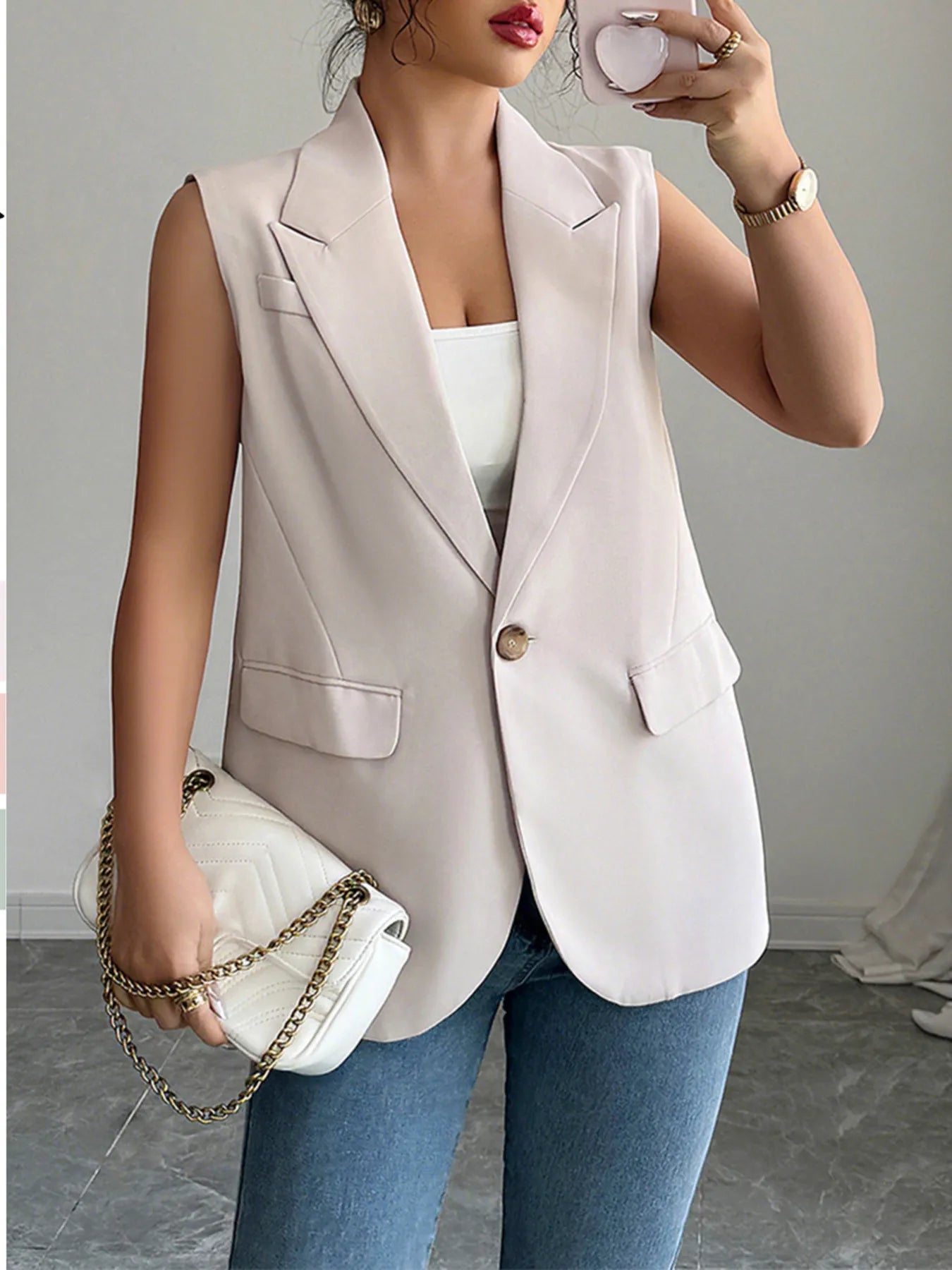 One Button V-Neck Blazer Vest Coat