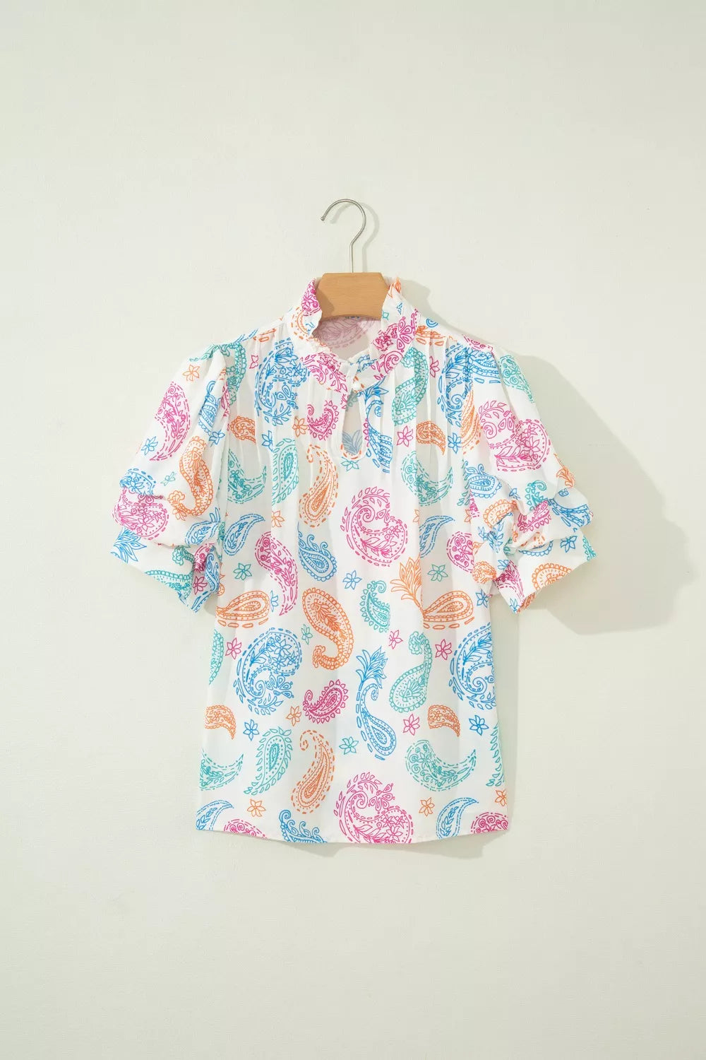 Multicolour Vibrant Paisley Printed Button Keyhole Puff Sleeve Blouse