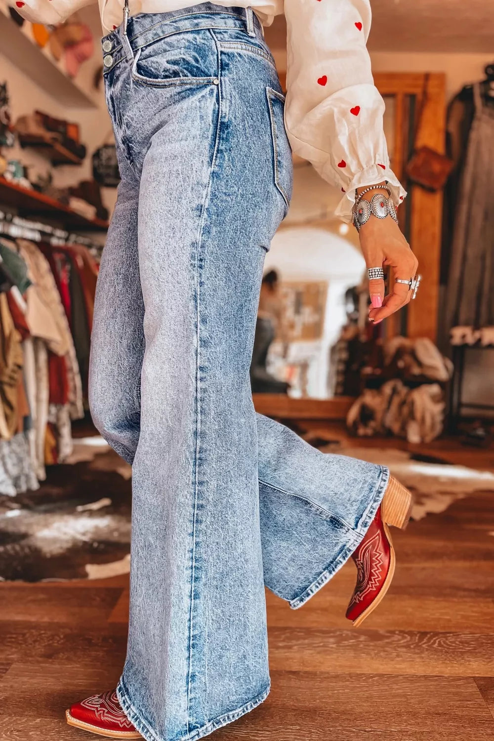 Acid Wash Pocket Detail Flare Jeans