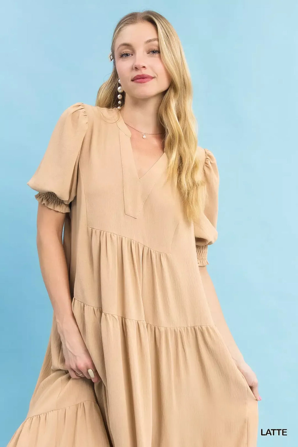 Umgee V-Neck Puff Sleeve Tiered Midi Dress