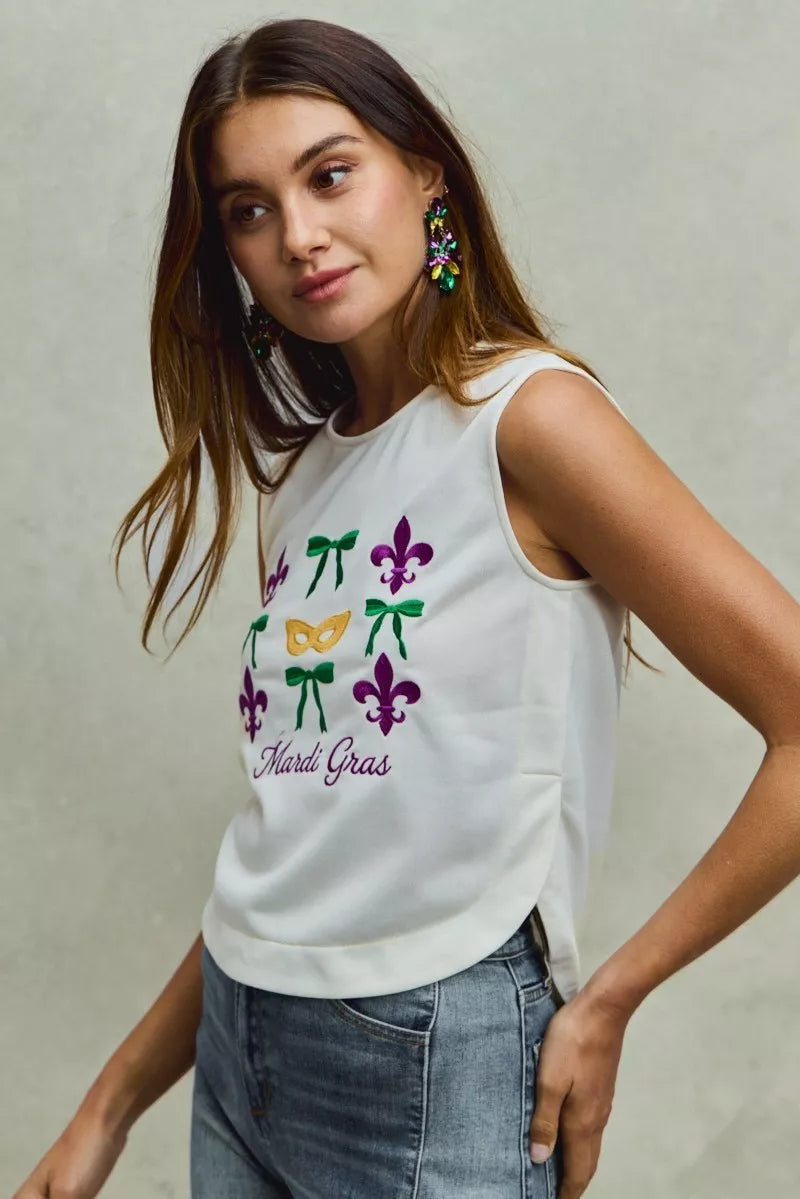 SO ME Mardi Gras Fleur De Lis And Ribbon Embroidered Top