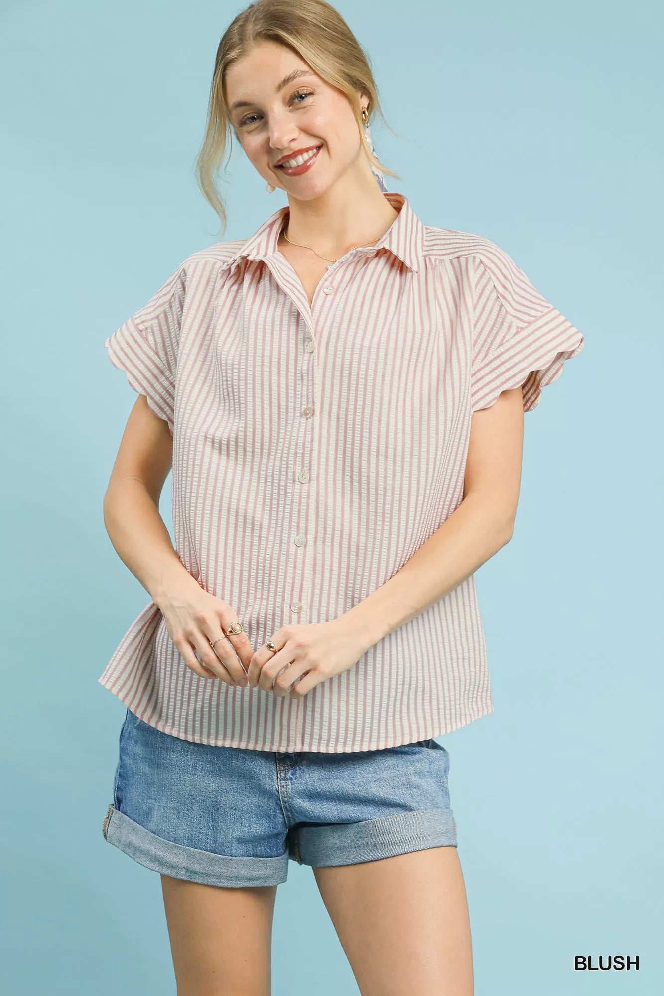 Umgee Striped Button-Down Top with Scallop Sleeves