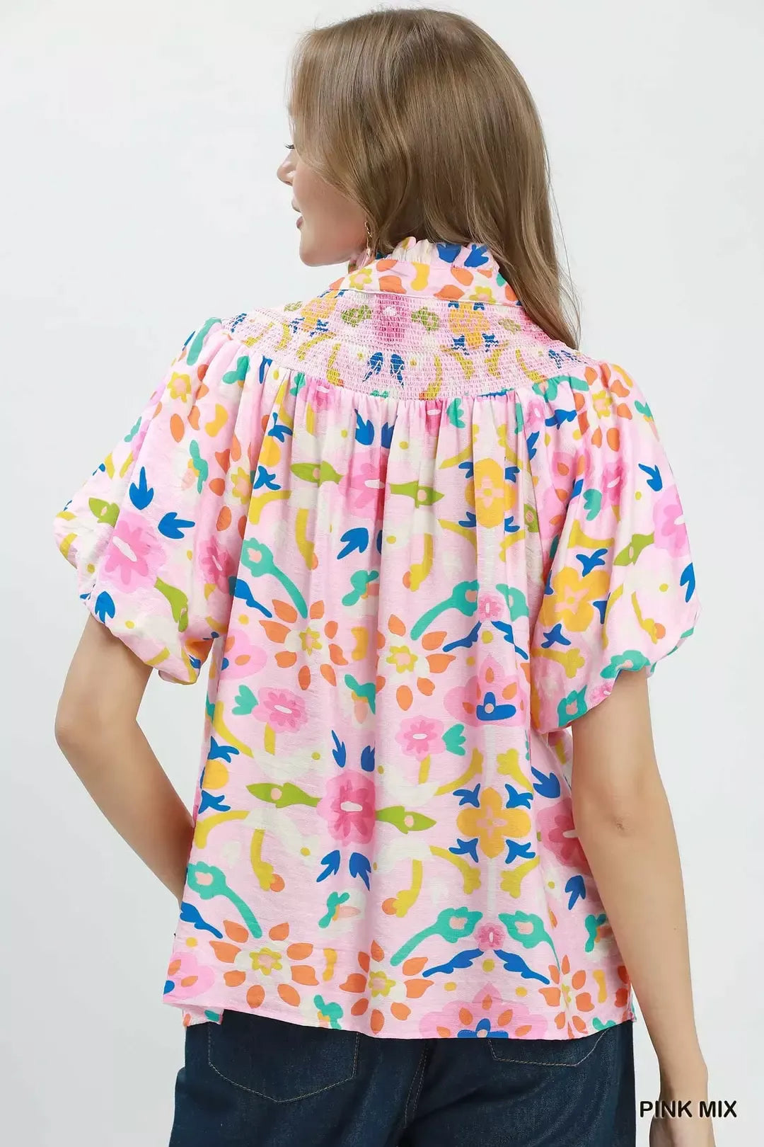 Umgee Folk Art Print Top with Smocked Detail