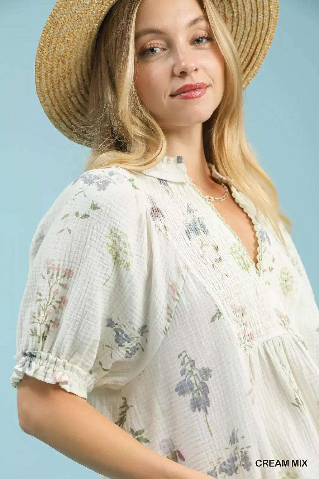 Umgee Floral Print Cotton Gauze Top