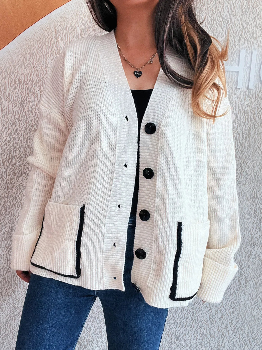 Button-Front Ribbed Cardigan with V-Neck