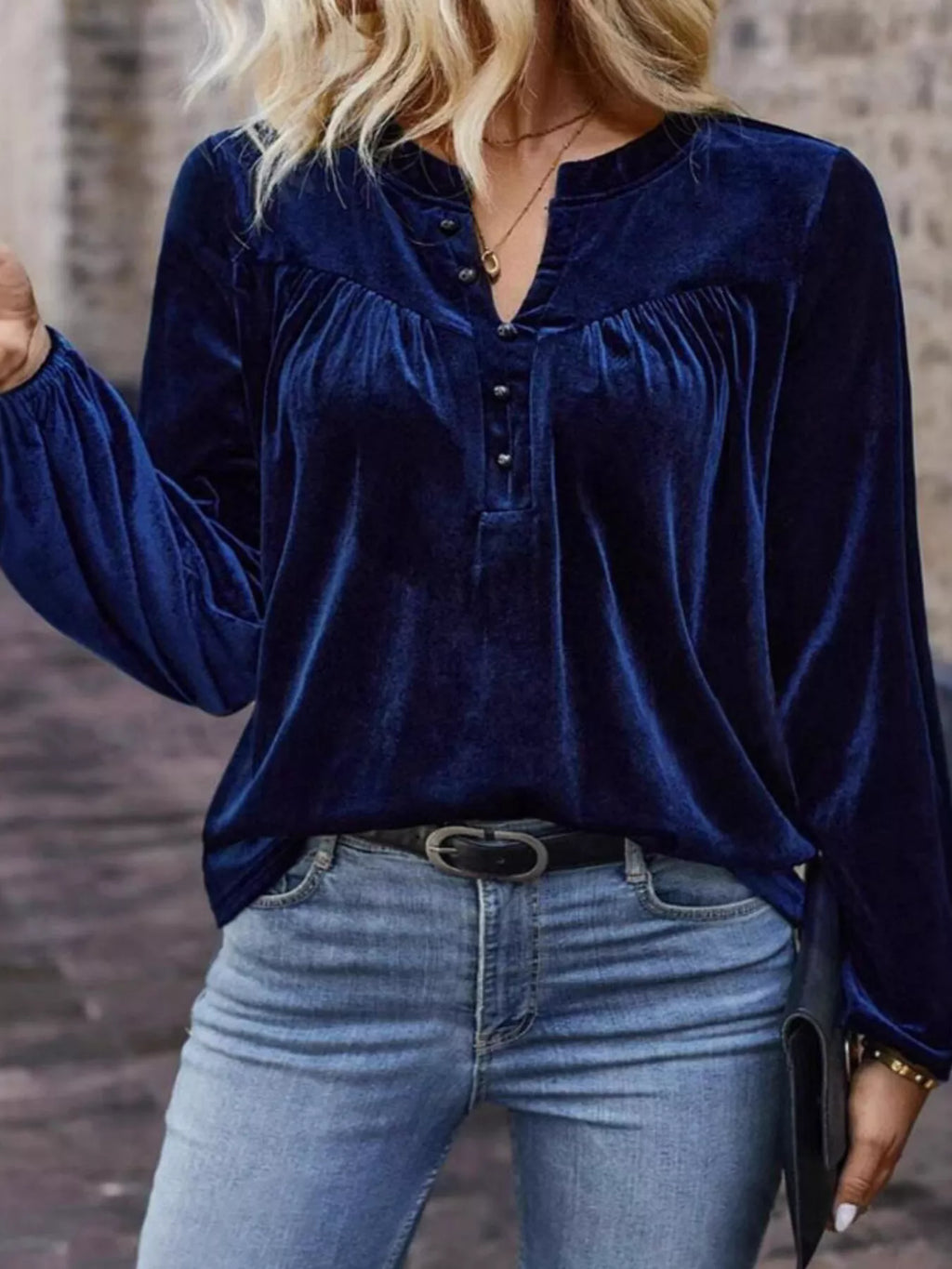 Velvet Notched Long Sleeve Blouse