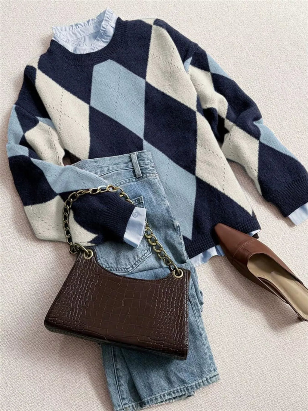 Vintage Argyle Round Neck Sweater