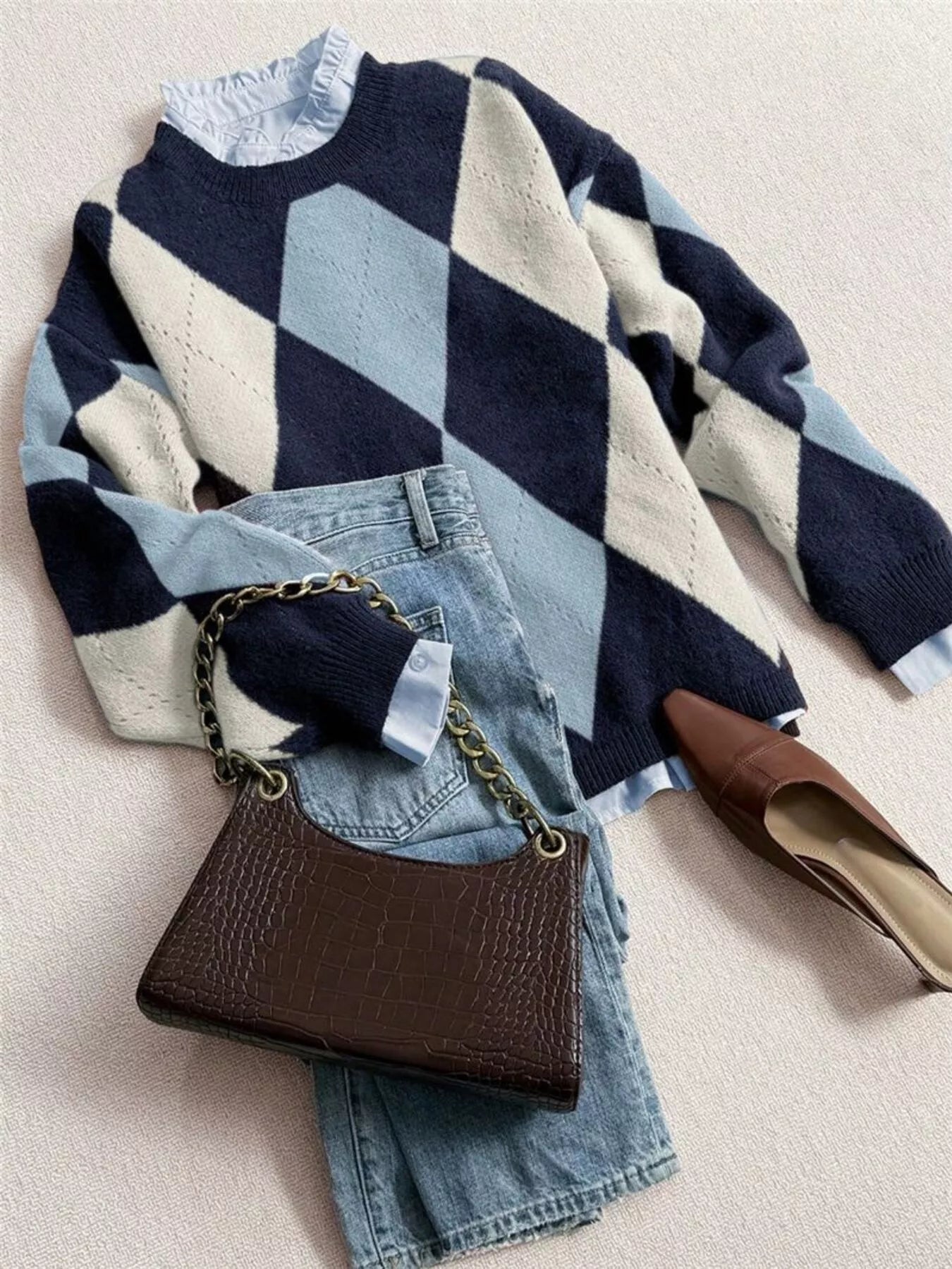 Vintage Argyle Round Neck Sweater