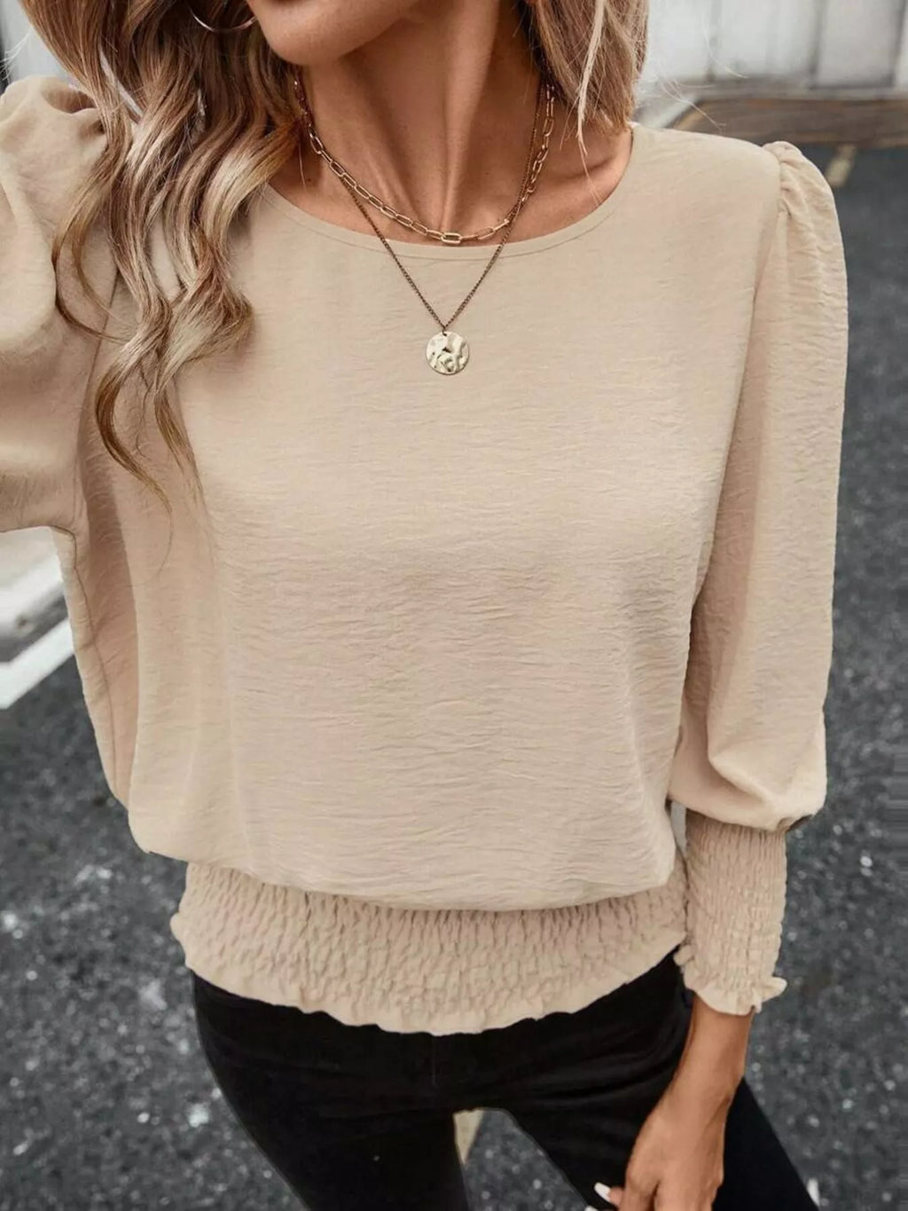 Smocked Waist Round Neck Blouse