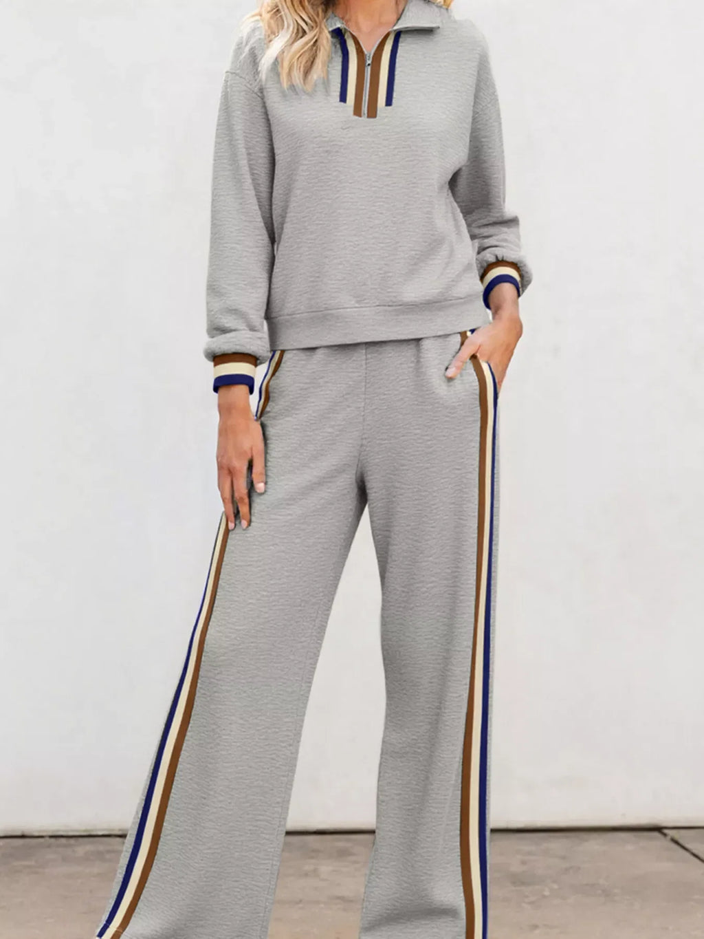 Casual Striped Trim Top and Pants Set