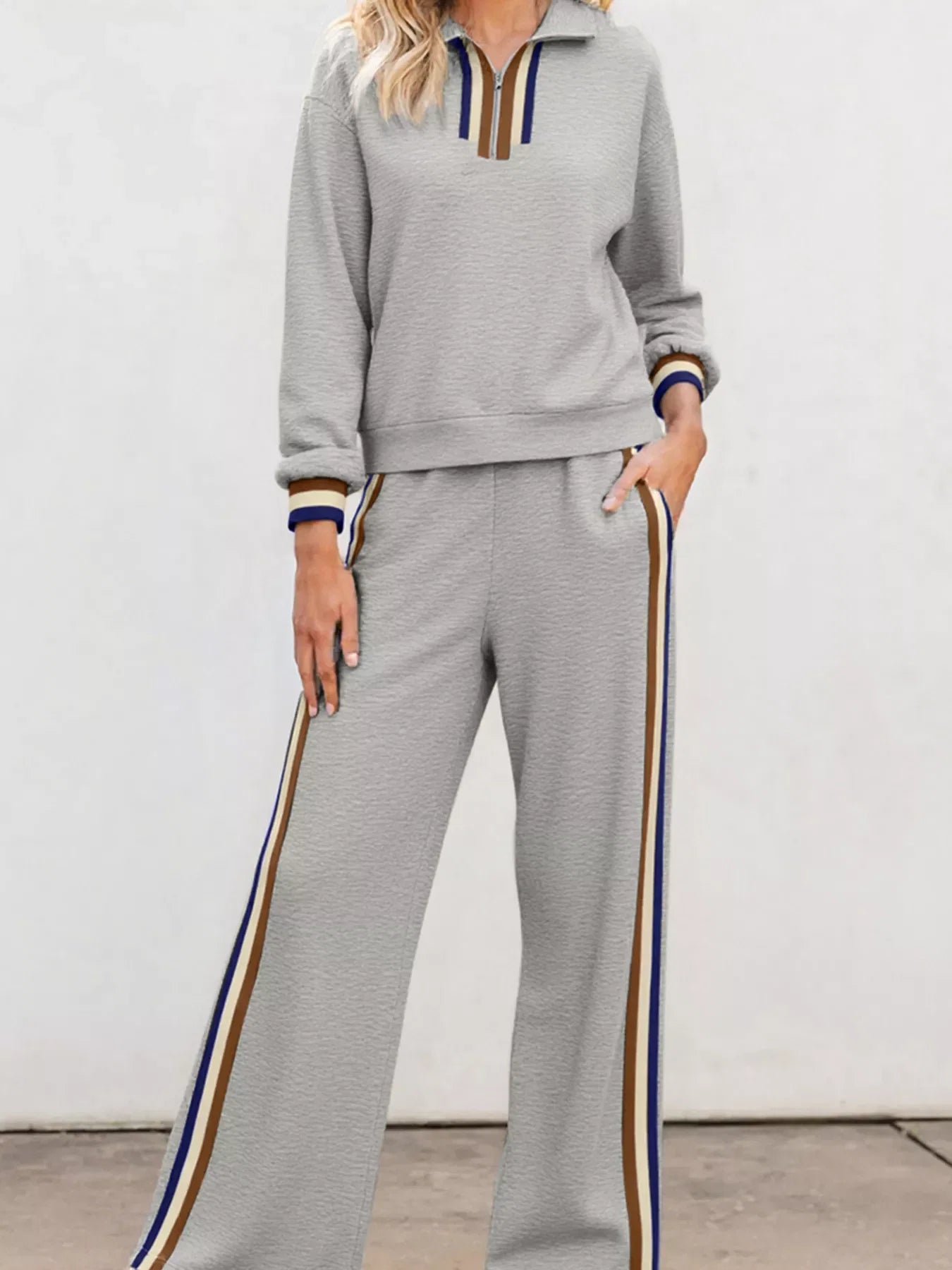 Casual Striped Trim Top and Pants Set