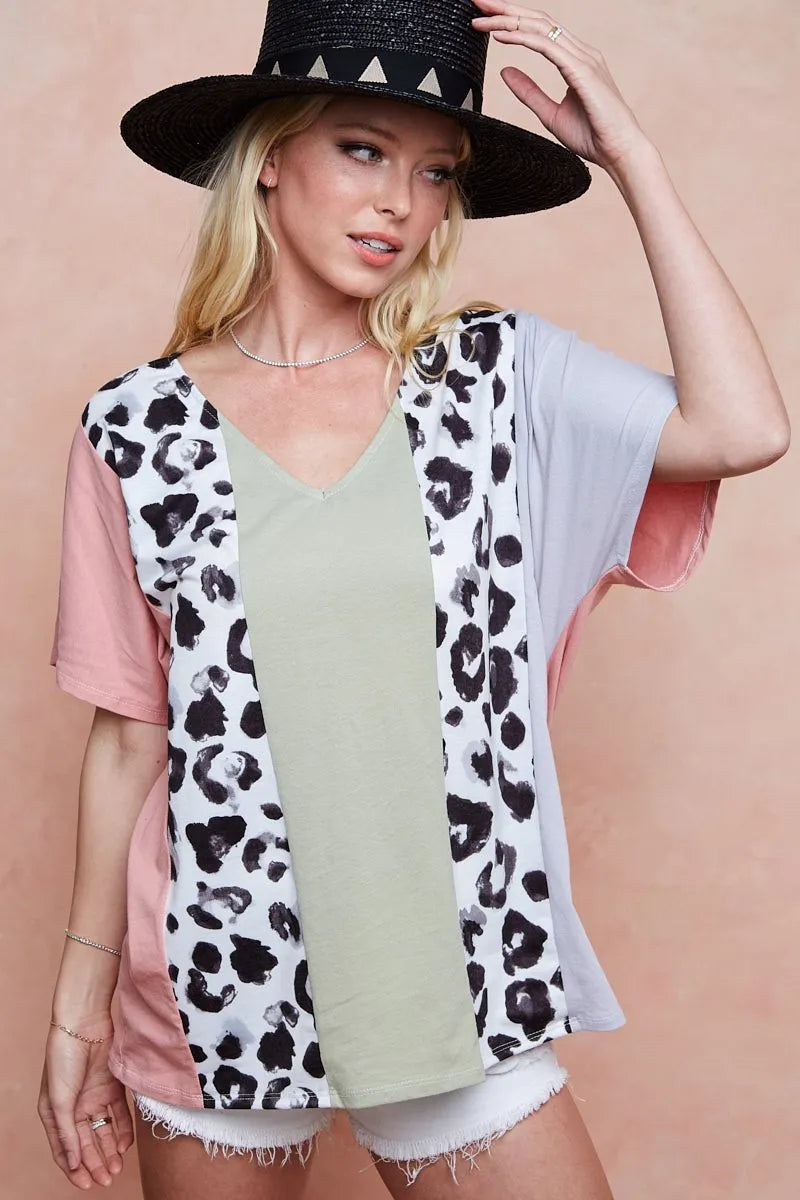 BiBi Cotton Span Knit With Leopard Color Block Top