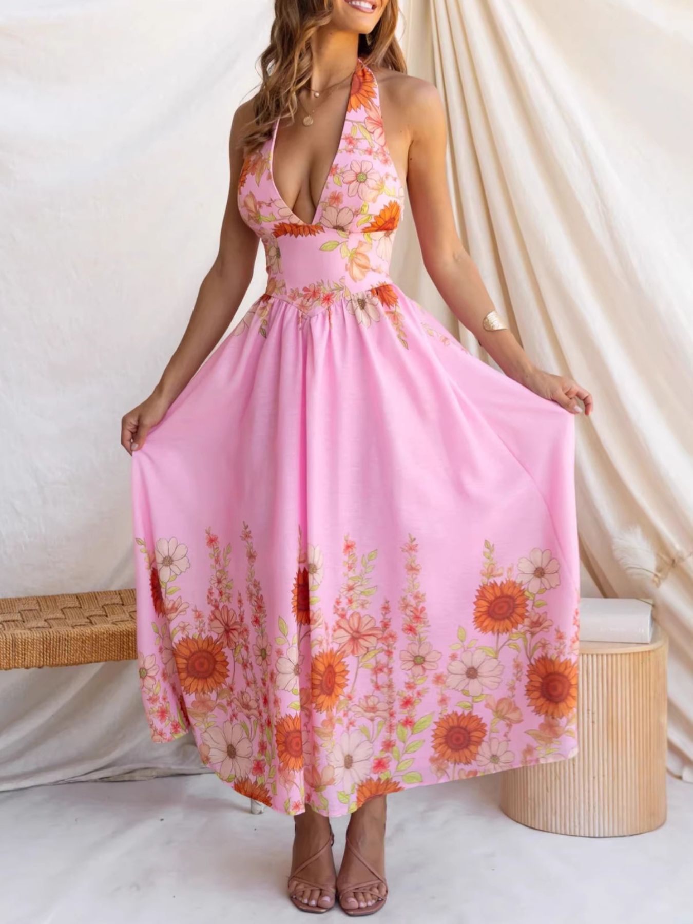 Floral Print Halter Neck Maxi Dress