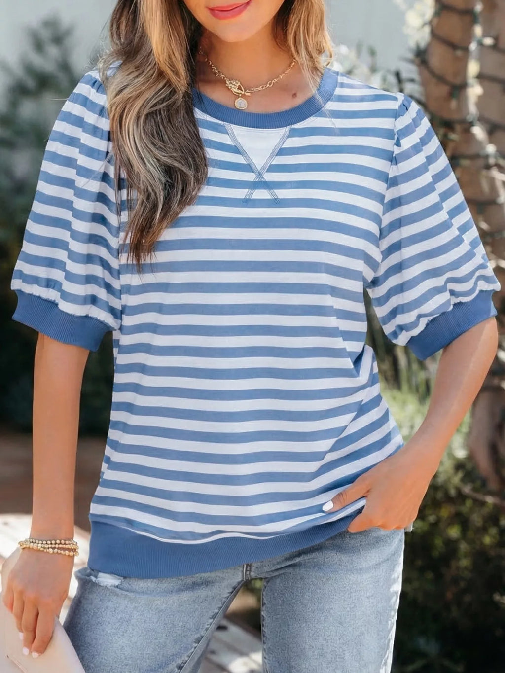 Stripe Short Bubble Sleeve T Shirt