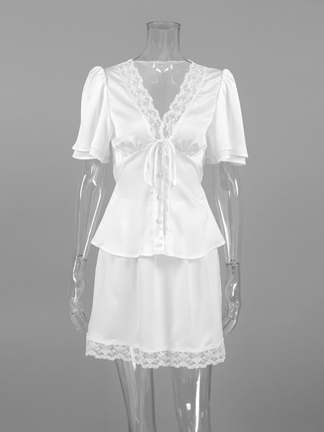 Lace Trimmed Top and Skirt Two-Piece Set