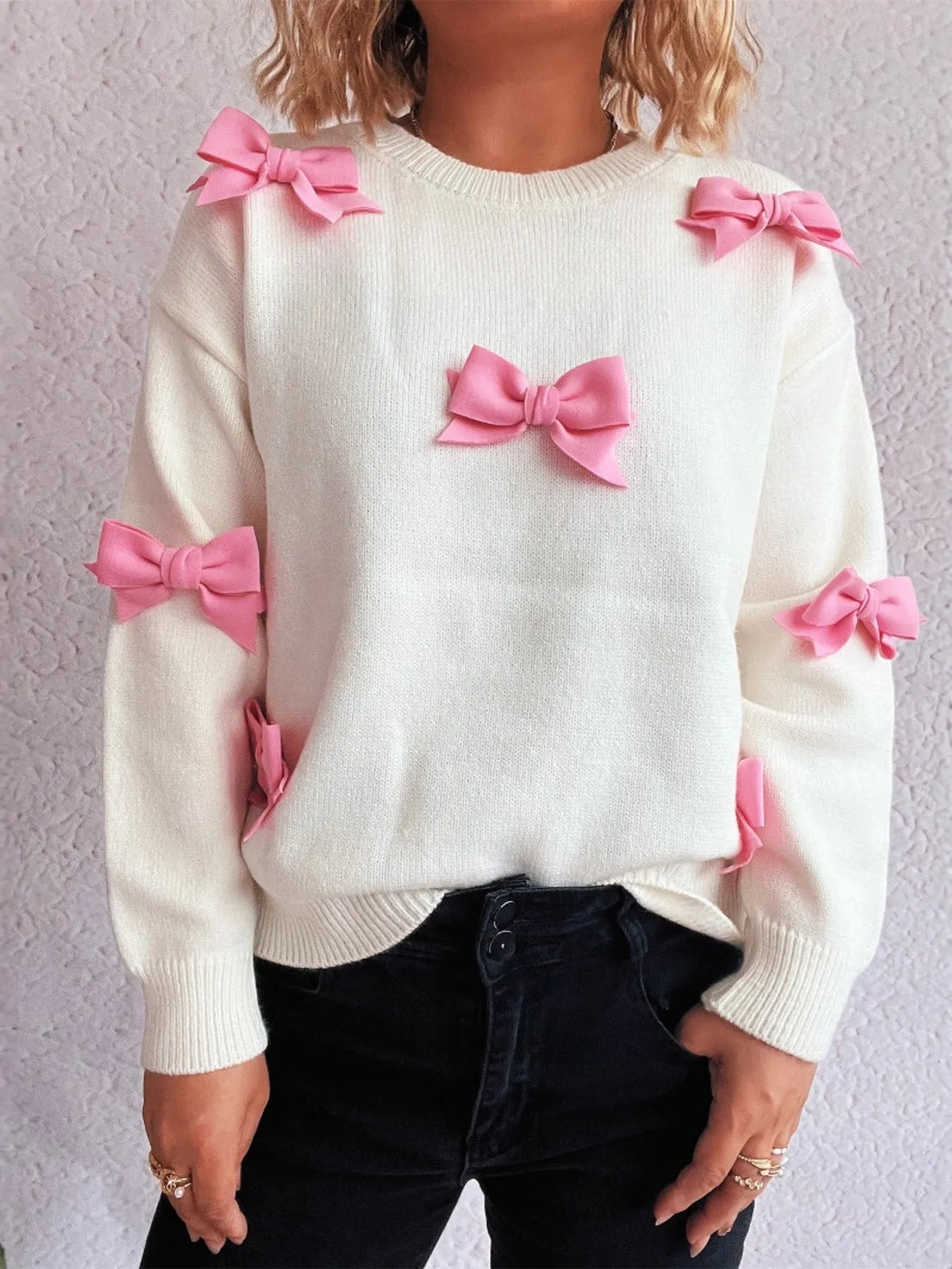 Bow Round Neck Long Sleeve Sweater