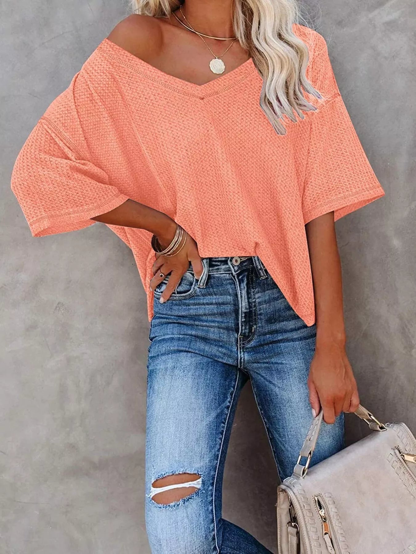 Waffle Knit V-Neck Short Sleeve T-Shirt