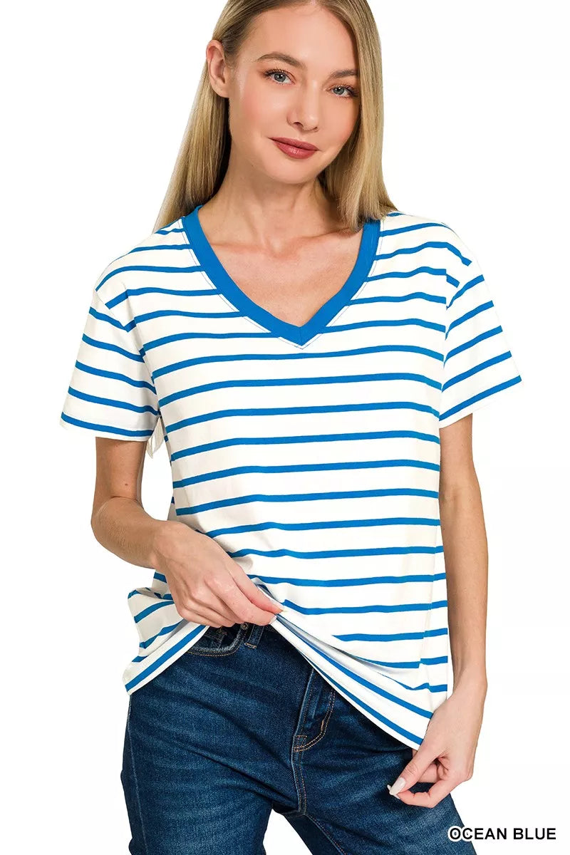 Zenana Striped V-Neck Short Sleeve T-Shirt