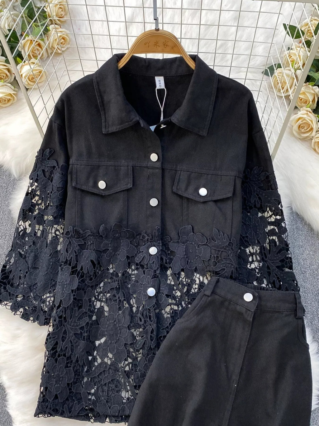 Lace Patchwork Shacket and Pants Set