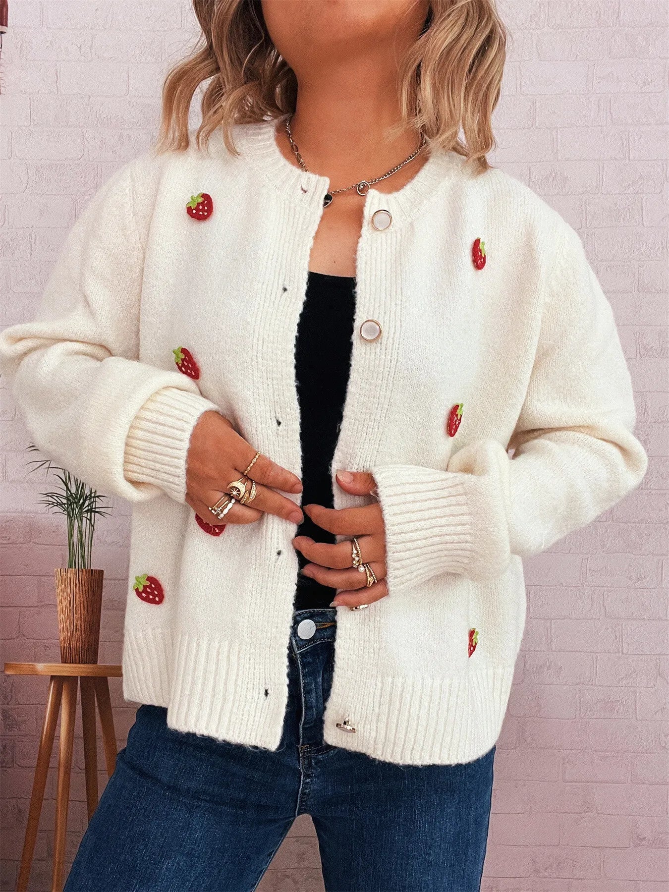 Strawberry Button Up Long Sleeve Cardigan