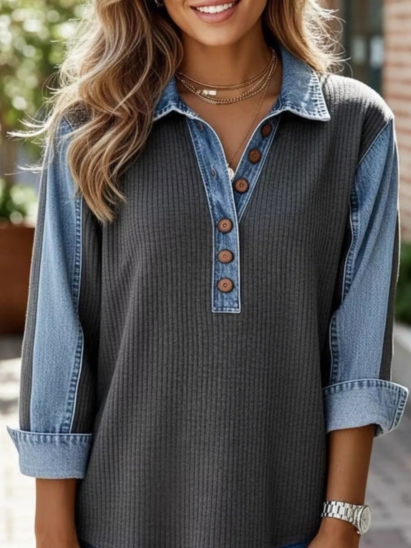 Denim Trim Button Detail Sweatshirt
