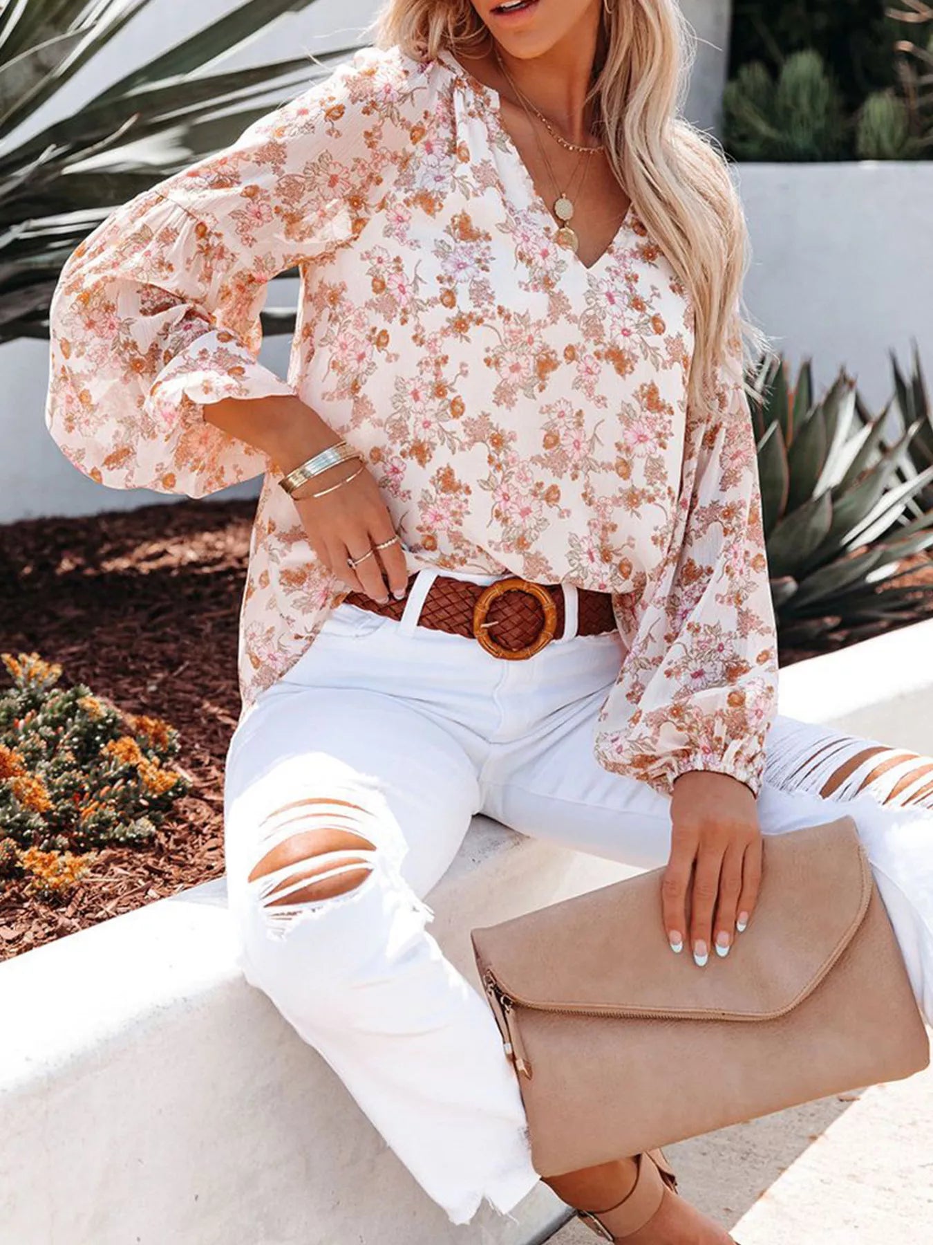Full Size Floral Print V-Neck Long Sleeve Blouse Plus Size
