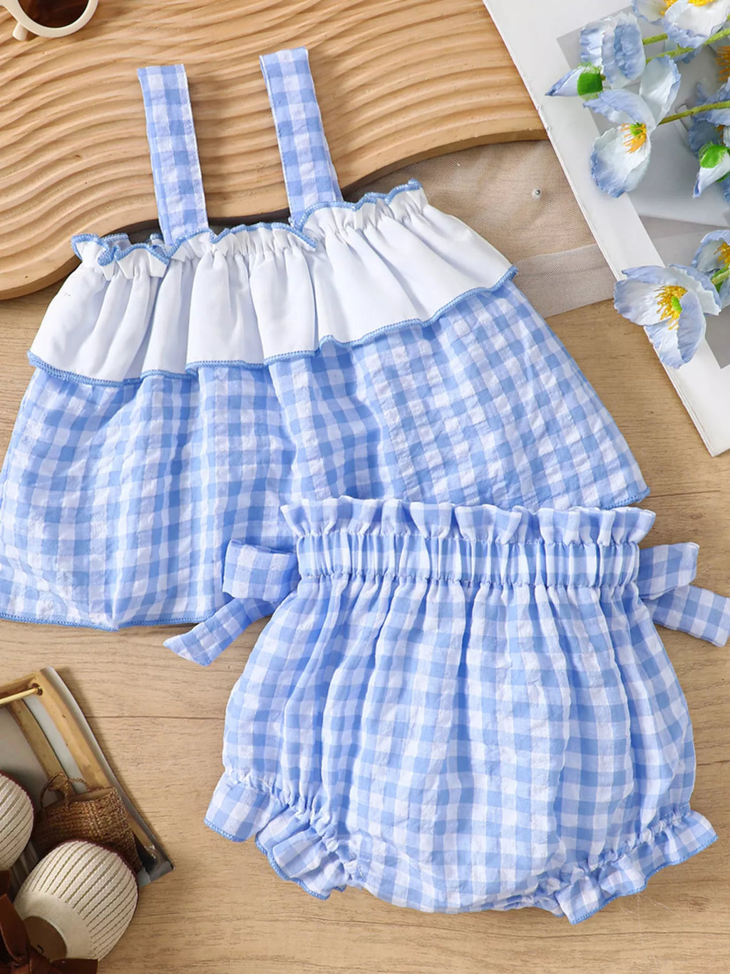 Children's Gingham Ruffle Trim Cami Top & Shorts Set