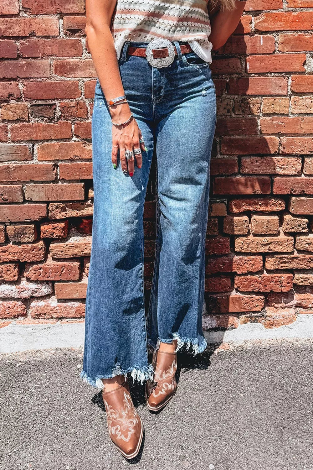 High Waist Frayed Hem Flare Jeans