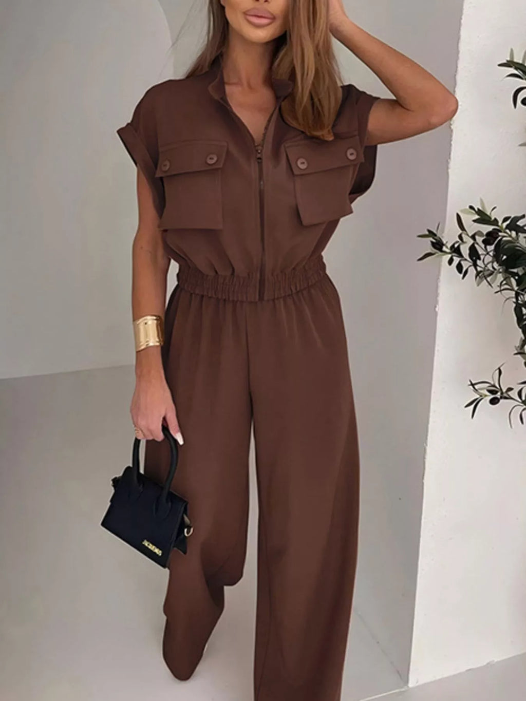 Cargo Pocket Zipper Front Jumpsuit