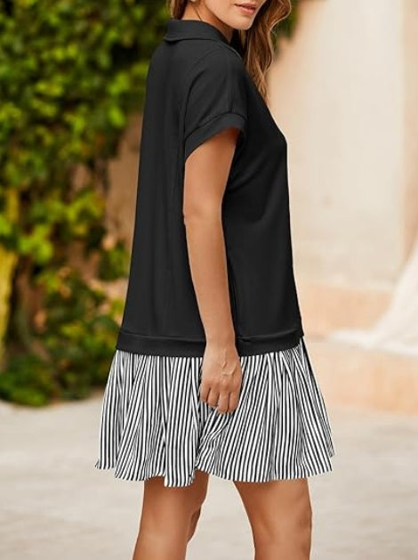 Fisoew Striped Patchwork Polo V‑Neck Mini Dress with Pockets