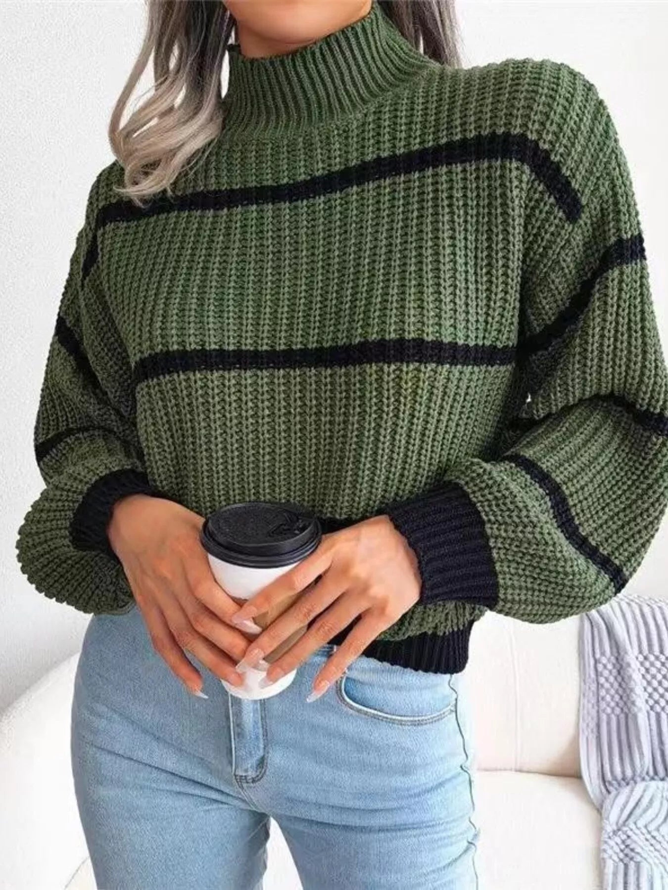 Full Size Striped Mock Neck Knit Sweater Plus Size