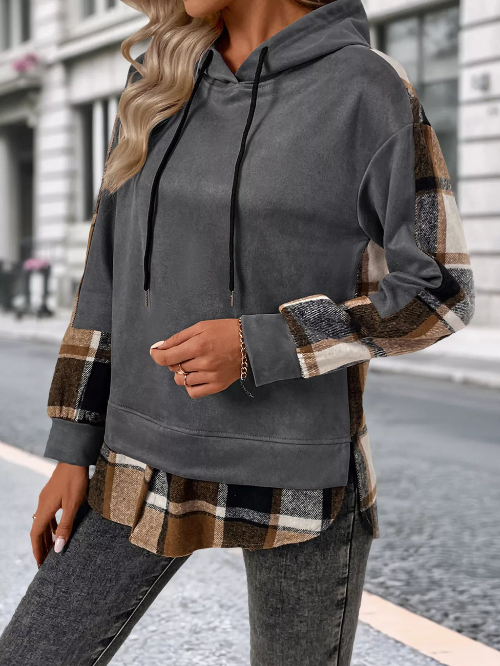 Plaid Drawstring Long Sleeve Hoodie