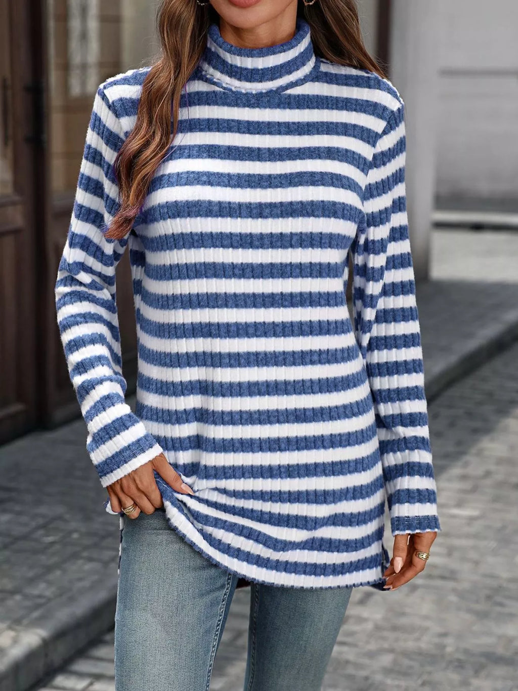 Striped Turtleneck Long Sleeve Knit Top