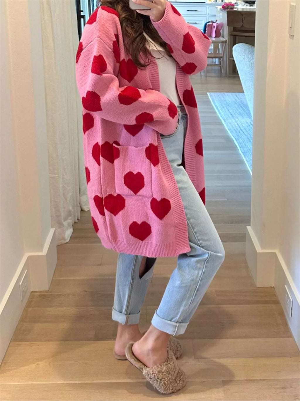 Heart Pattern Open Front Cardigan