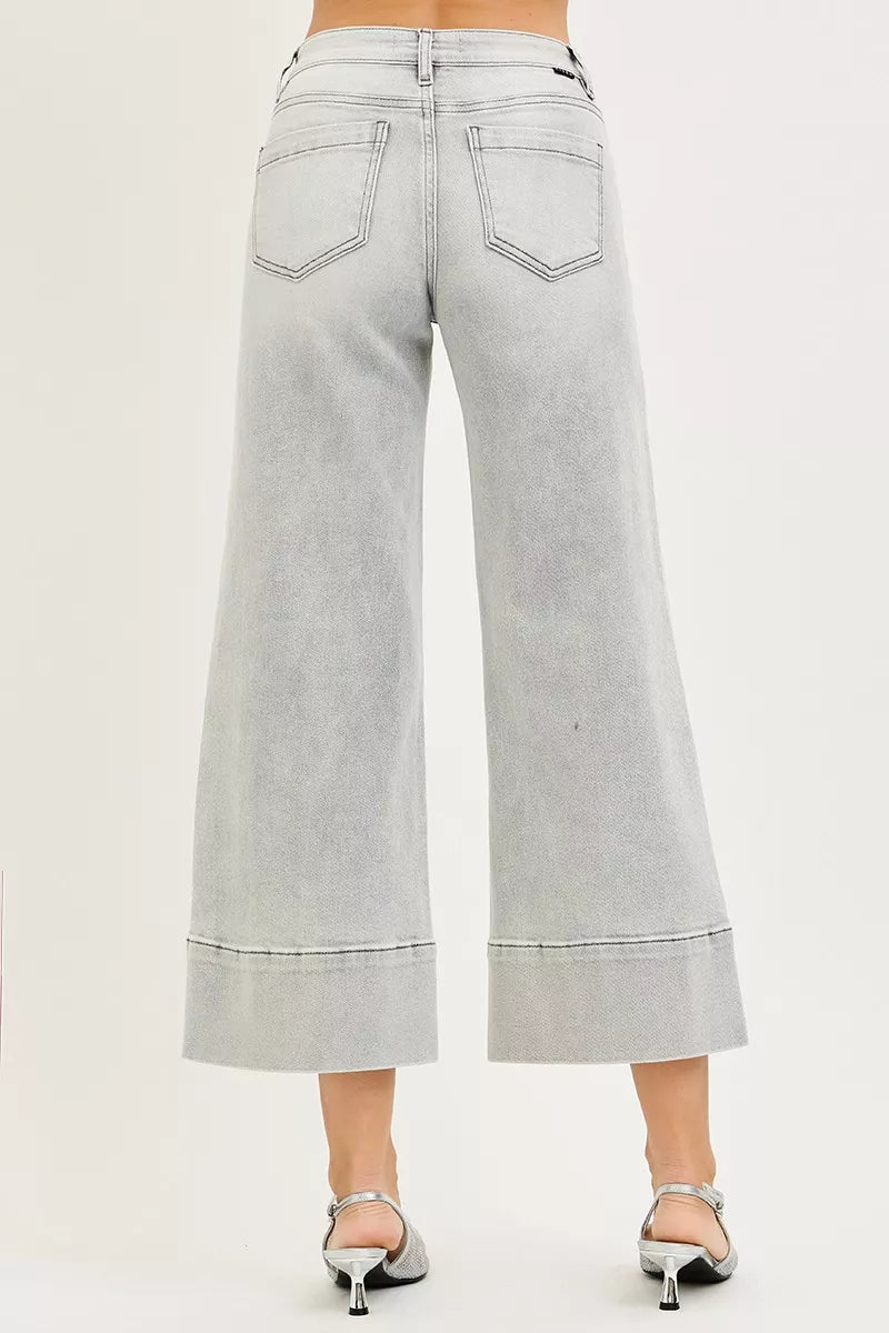 RISEN Tummy Control Mid Rise Crop Wide Pintuck Front Jeans