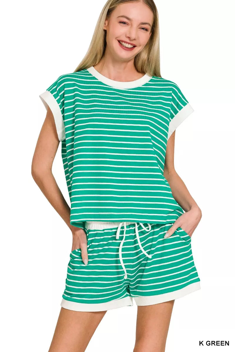 Zenana Stripe Contrast Trim Top & Shorts Set