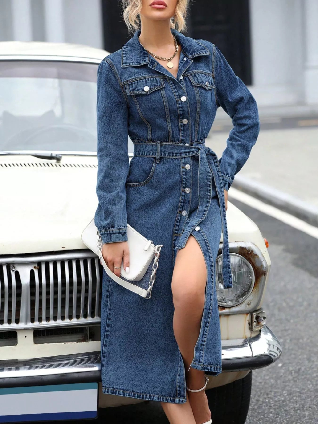 Belted Long Sleeve Denim Dress