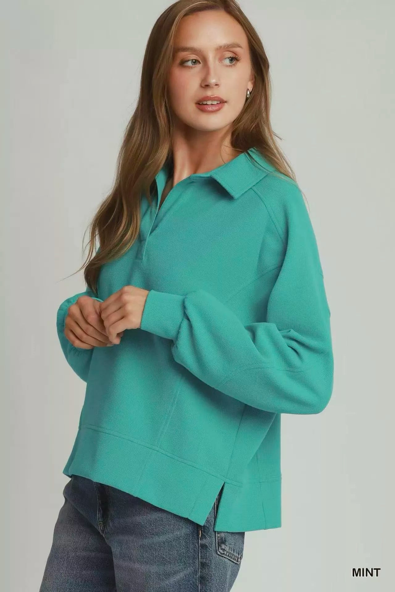 Umgee Brushed Waffle Polo Collared Pullover